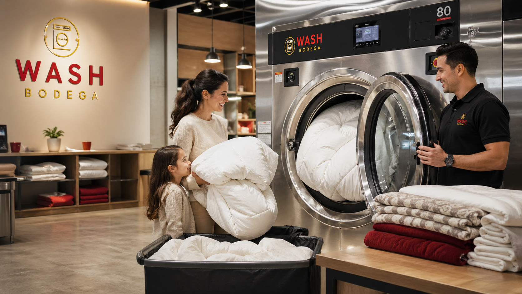 A mother and daughter loading a large comforter into a high-capacity Wash Bodega washer with staff assistance.