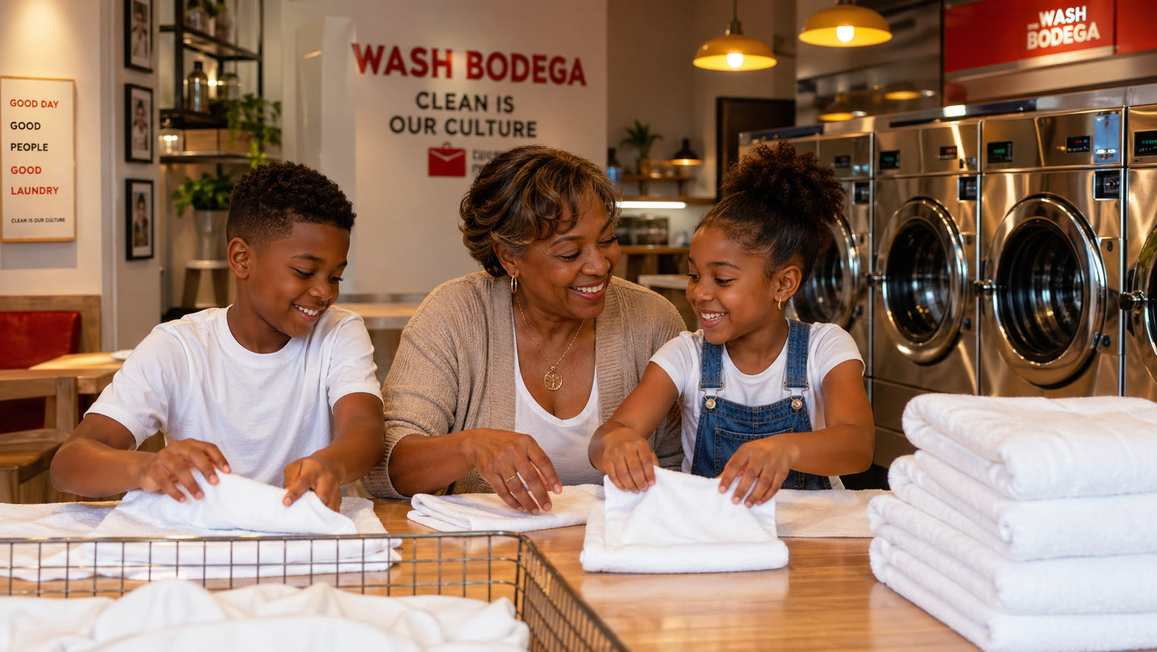 A grandmother folding towels with her two grandchildren at Wash Bodega's folding table beneath the 'Clean is our culture' sign.