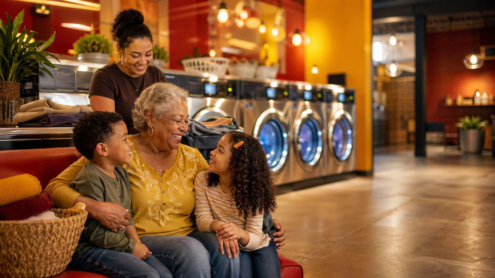 A family sharing a quiet moment together inside Wash Bodega in Houston.