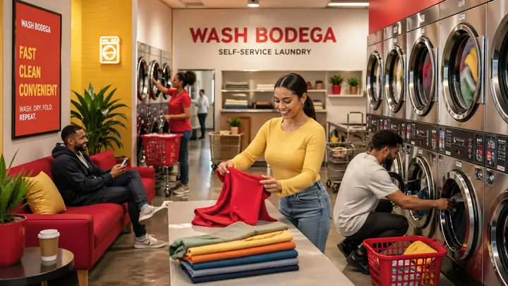 Temporary Wash Bodega brand visual for self-service laundry.