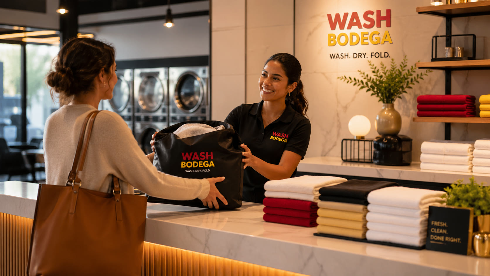 A staff member at the Wash Bodega counter handing a branded laundry bag back to a customer.